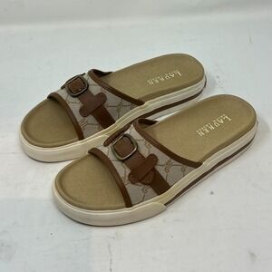 Ralph Lauren Matty Sandals Camel Signature Fabric Beige Womens Size 7.5B VTG NEW